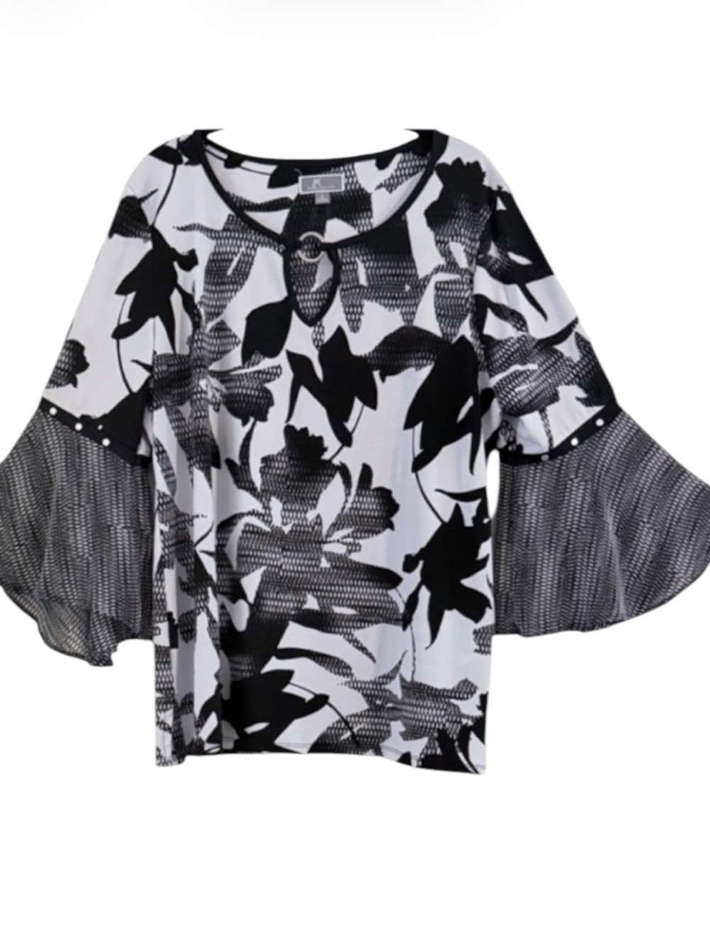 JM Collection Black White Floral Bell Sleeve O-Ring Keyhole Top Size L